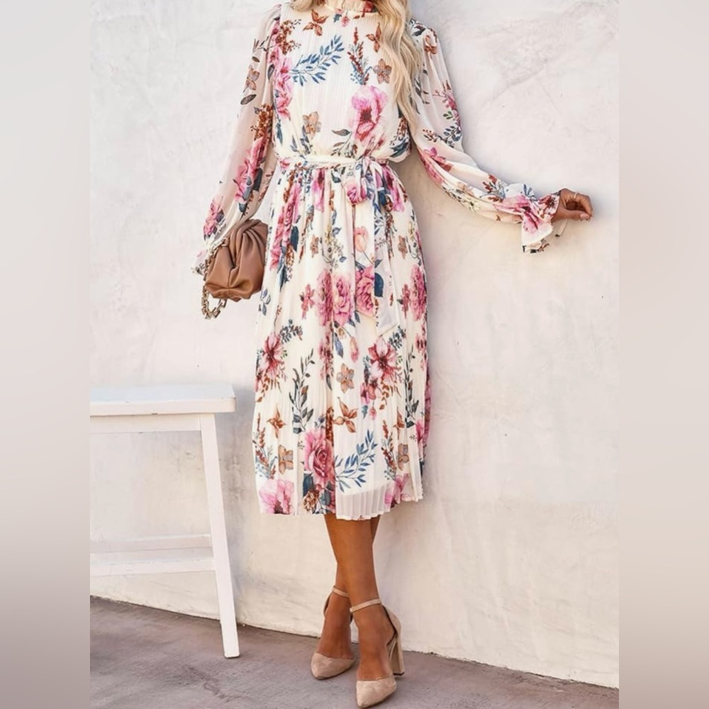 ANRABESS Women's Floral Midi Dress Puff Long Sleeve Ruffle Chiffon A-Line